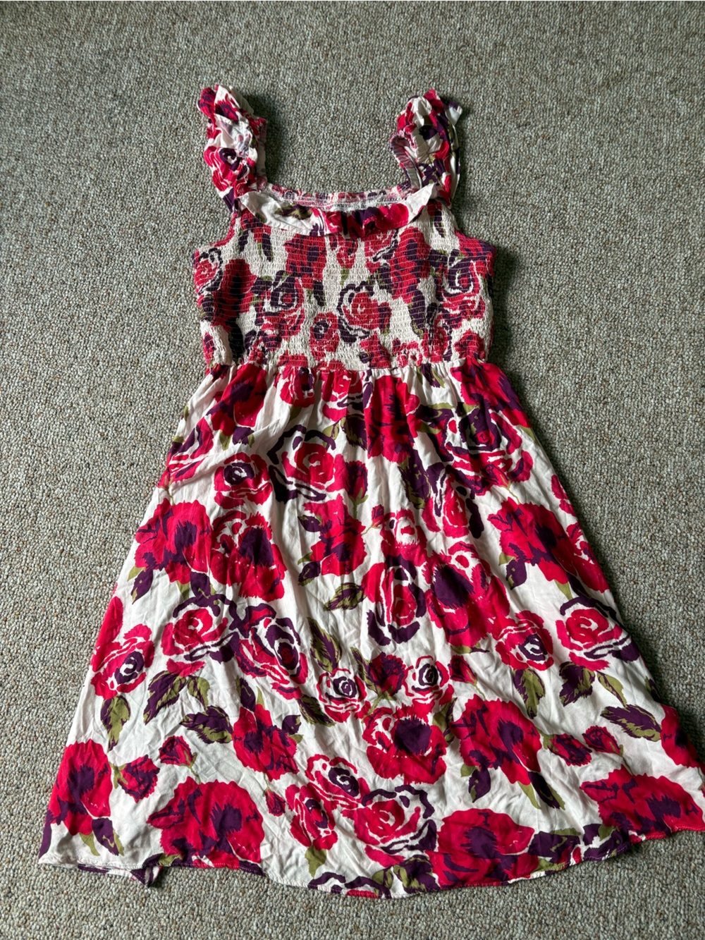 Destination 365 Printed Ruffle Tank Dress With Smocking Red Bud Pockets XL